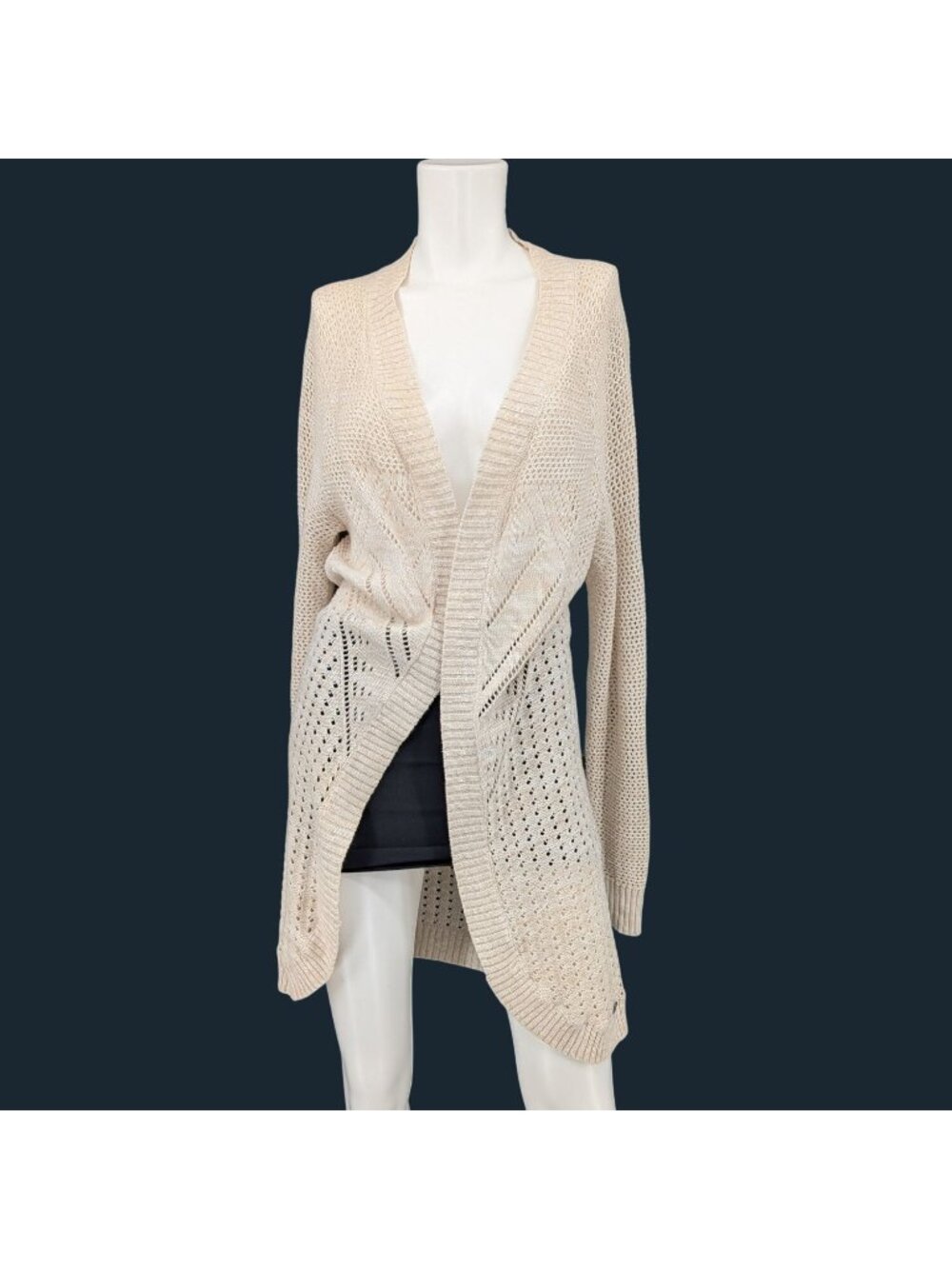 Roxy Open Knit‎ Cardigan Crochet Coastal Resort Oversized Oatmeal Longline Small